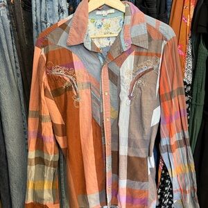 3J Workshop Western Patchwork Long Sleeve Shirt Large L Bucking Bronco Saloon